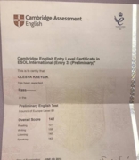 Сертификат Cambridge exam PET подтверждения уровня B1