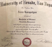 Unoversity of Nevada, Las Vegas Bachelor degree in Hospitality Management