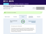 Результат IELTS General (23 декабря 2023, overall band - 7.5)